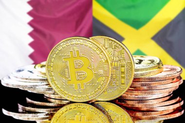 Katar ve Jamaika bayrağı arka plan üzerinde Bitcoins