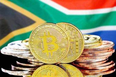 Güney Afrika bayrak arka planında bitcoinler