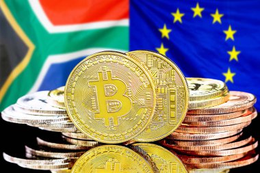 Güney Afrika ve Avrupa Birliği bayraklarında Bitcoins