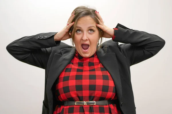 Domestic Abuse. Portrait of emotional young woman in red dress and black jacket — Stock Photo, Image