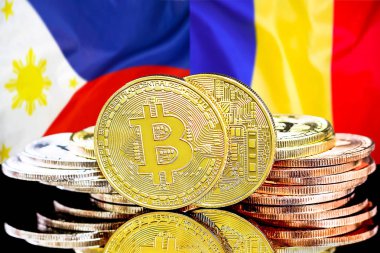 Filipinler ve Moldova bayrağı arkaplanındaki Bitcoinler