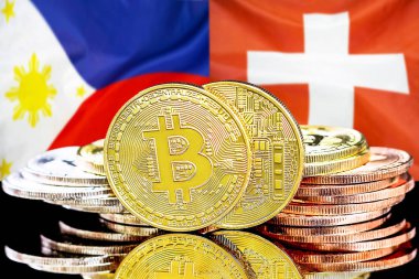 Bitcoins on Philippines and Switzerland flag background
