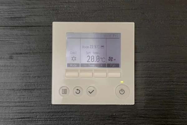 Air Conditioning Control Panel Digital Thermostat Black Wooden Wall Thermostat — Stock Photo, Image