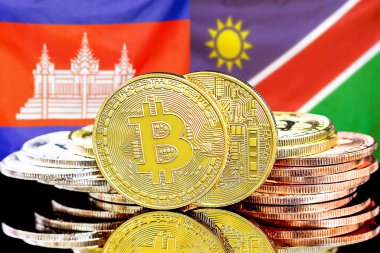 Kamboçya ve Namibya 'daki kripto para birimi ve engelleme teknolojisi yatırımcıları için kavram. Kamboçya ve Namibya bayrağının arka planında bitcoinler.