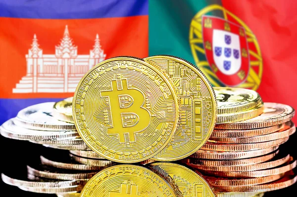 Concept Investors Cryptocurrency Blockchain Technology Cambodia Portugal Bitcoins Background Flag — Stock Photo, Image
