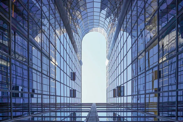 一座漂亮的办公楼的结构玻璃立面 写字楼 现代玻璃摩天大楼的轮廓 从一座高耸的现代摩天大楼俯瞰蓝天 摘要结构 — 图库照片