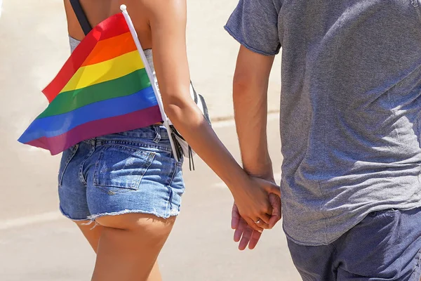 Mujer Lesbiana Hombre Caminando Desfile Del Orgullo Gay Desfile Tolerancia —  Fotos de Stock