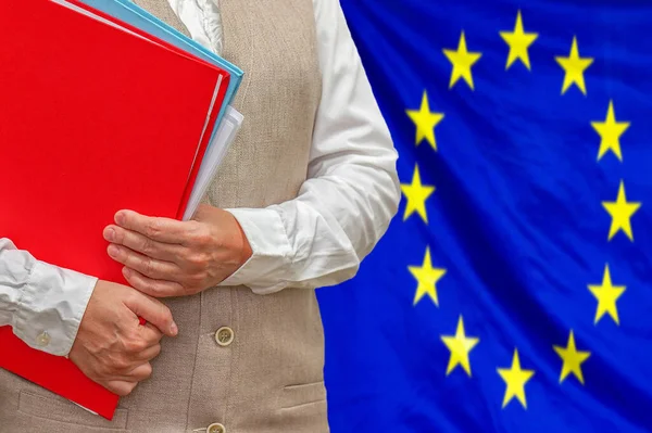 Woman Holding Red Folder European Union Flag Background Education Jurisprudence — Stock Photo, Image