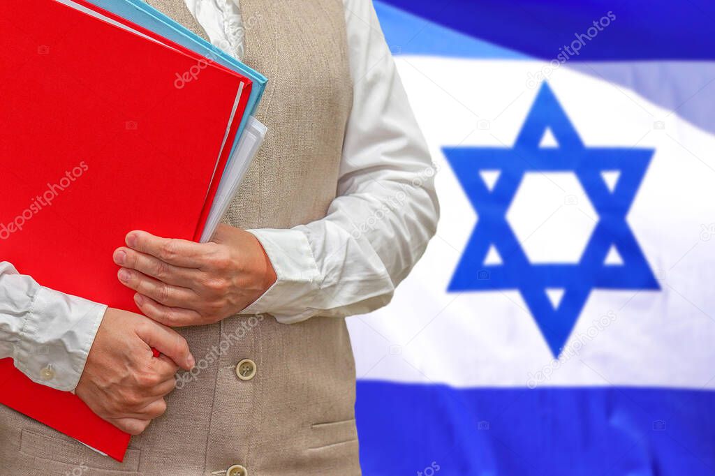 Woman holding red folder on Israel flag background. Education and jurisprudence concept in Israel