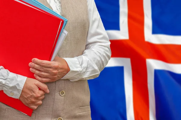 Woman Holding Red Folder Iceland Flag Background Education Jurisprudence Concept — Stock Photo, Image