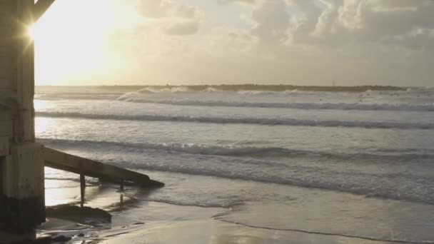 Lifeguard Tower Sunset Surfers Background Israel — Stock Video