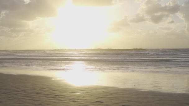 Tel Aviv Strand Tijdens Zonsondergang Met Surfers Het Water — Stockvideo