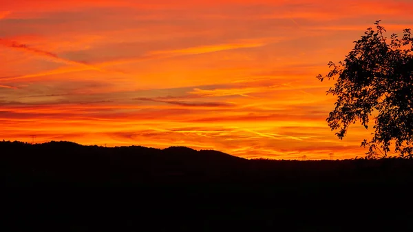 Cielo anaranjado dorado de la noche con paisaje negro en primer plano — Foto de Stock