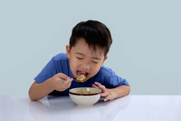 Asian Boy Eating Delicious Rice Has Very Happy Face — Stock Photo, Image