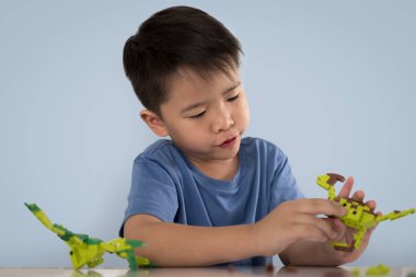 Masada renkli plastik oyuncak tuğla ile oynayan sevimli Asya çocuk portresi.