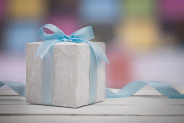 Caja Regalo Navidad Con Fondo Bokeh Año Nuevo Navidad Tarjeta — Foto de Stock