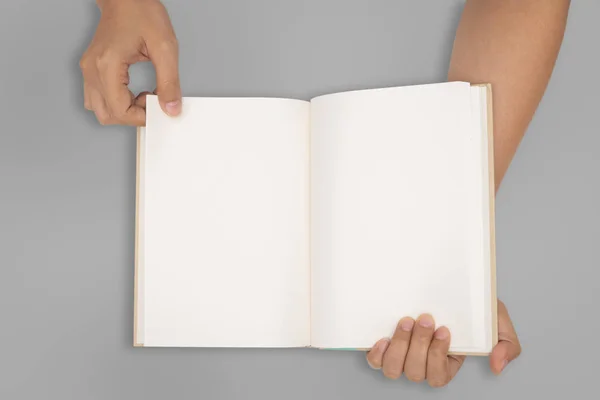 Top View Two Hands Hold Empty Book Spread — Stock Photo, Image