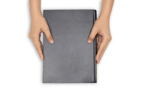 Hände Halten Geschlossenes Buch Mit Schwarzem Einband Auf Weißem Hintergrund — Stockfoto
