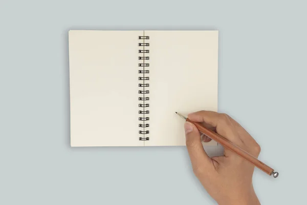 Visão Superior Duas Mãos Segurar Livro Vazio Espalhar Escrever Caderno — Fotografia de Stock