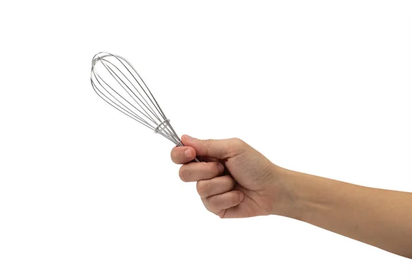 Vrouwelijke Hand Met Een Keuken Klop Geïsoleerd Witte Achtergrond — Stockfoto