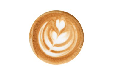 Sıcak kahve kapuçino köpük beyaz arka plan üzerinde izole üstten görünüm.