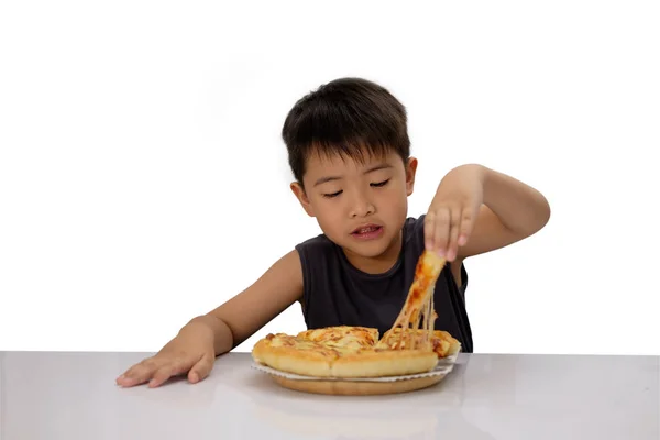 Cute Boy Eating Pizza Isolated White Background — Stock Photo, Image