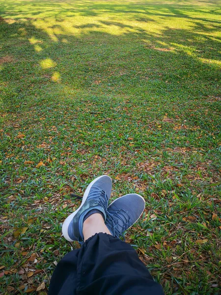 Frauenbeine Grauen Schuhen Sitzen Auf Trockenem Laub Park — Stockfoto