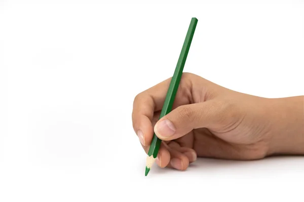 Vrouwelijke Hand Met Groene Kleur Potlood Geïsoleerd Witte Achtergrond — Stockfoto