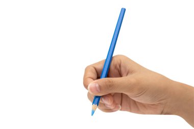 El ile üzerine beyaz izole mavi renk kalem