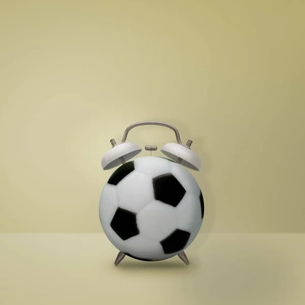Reloj despertador de fútbol sobre fondo amarillo pastel, idea creativa — Foto de Stock