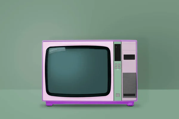 TV rosa pastel retro sobre fondo verde. vintage y minimalis — Foto de Stock