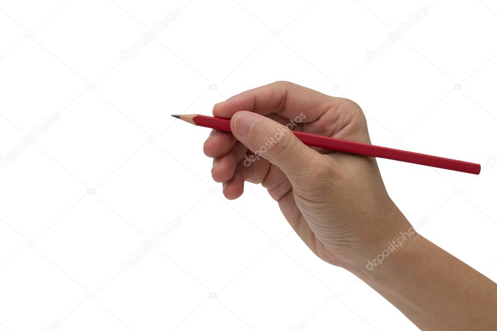 Female hand with red color pencil isolated on white 