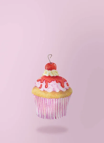 Acuarela dibujada a mano de cupcakes está volando sobre fondo rosa — Foto de Stock