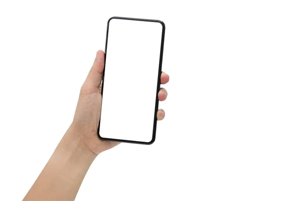 Hand met zwarte mobiele telefoon met leeg scherm geïsoleerd op wh — Stockfoto