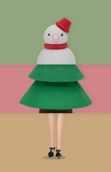 Stacked images of snowman, pine tree, legs of doll for christmas — Stock Photo, Image