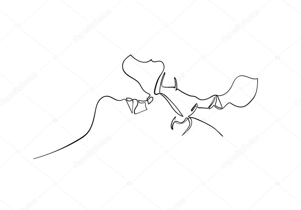 Continuous line drawing of Man and Woman are kissing love and Heads of kiss Valentine concept.