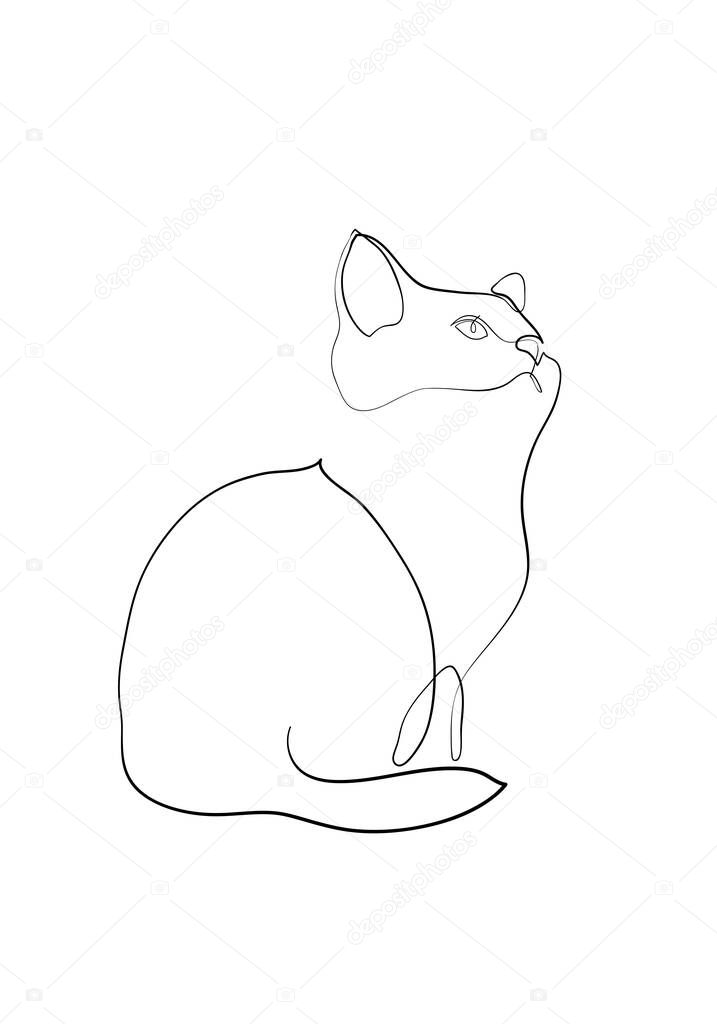 One line drawing of the cat in modern minimalistic style, Single line draw graphic design illustration