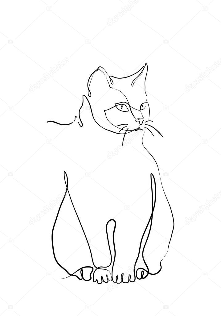 One line drawing of the cat in modern minimalistic style, Single line draw graphic design illustration