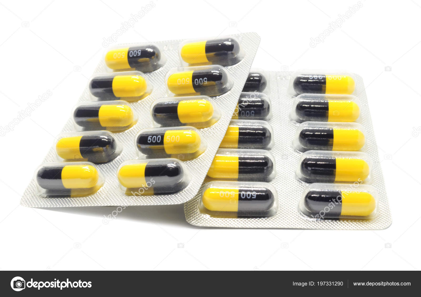 Antibiotics Capsule Yellow Black Isolated White Background Stock