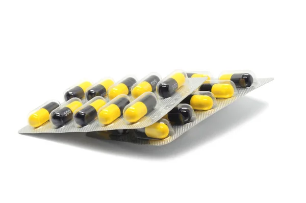 Antibiotika Kapsle Žlutá Černou Izolovaných Bílém Pozadí — Stock fotografie
