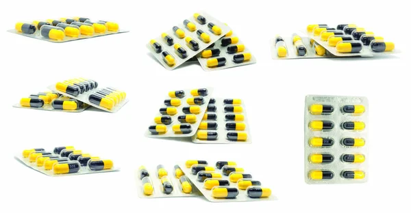 Collection Set Penicillin Amoxycillin 500Mg Antibiotics Capsule Yellow Black Isolated — Stock Photo, Image