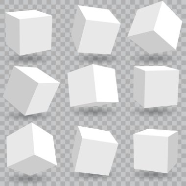 Şeffaf arkaplanda gölgeleri olan 3 boyutlu beyaz küpler. Vektör illüstrasyonu