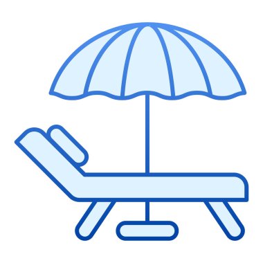 Plaj şemsiyesi ve sandalye yassı simgesi. Tatil mavi simgeleri düz moda. Seyahat gradyan tarzı tasarım, ağ ve uygulama için tasarlanmış. Eps 10.
