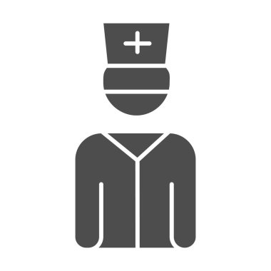 Doktor katı ikonu, sağlık hizmeti konsepti, beyaz arka planda üniformalı erkek pratisyen doktor sembolü mobil konsept ve web tasarımı için. Vektör grafikleri.