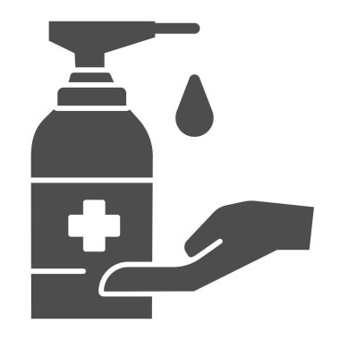 İnsan eli ve antiseptik katı ikon, koronavirüs önleme kavramı, beyaz arka planda dezenfektan işareti olan ellerini yıka, mobil için antibakteriyel jel ikonu. Vektör grafikleri.