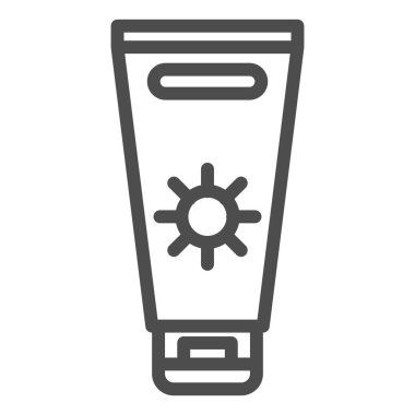 Güneş kremi çizgisi ikonu, yaz konsepti, beyaz arka planda güneş kremi işareti, mobil konsept ve web tasarımı için ana hatlı güneş koruma kremi ikonu. Vektör grafikleri.