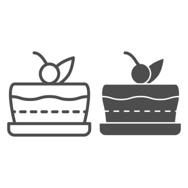 Pasta kuyruğu, sağlam ikon, fırın konsepti, beyaz arka planda doğum günü pastası tabelası, mobil konsept ve web tasarımı için ana hatlı kiraz ikonlu pasta. Vektör grafikleri.