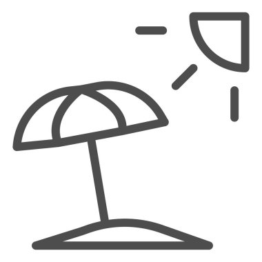 Şemsiyeli ve güneş çizgisi ikonlu yaz plajı, yaz konsepti, beyaz arka planda plaj şemsiyesi tabelası, mobil konsept ve web tasarımı için ana hatlı şemsiye ikonu. Vektör grafikleri.