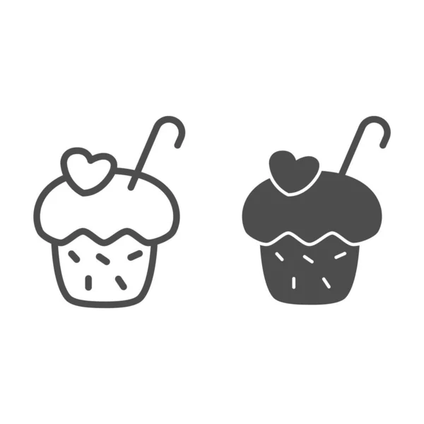 Linia muffinek i solidna ikona, koncepcja piekarni, słodki znak ciasto na białym tle, babeczka ze śmietaną i małą ikoną dekoracji serca w stylu zarysu dla mobilnego i web design. Grafika wektorowa. — Wektor stockowy
