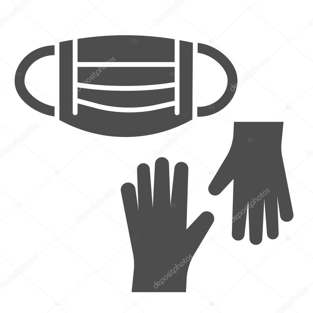 Medical gloves and mask solid icon, coronavirus protection concept, mask and gloves for virus precautions sign on white background, covid-19 safety measures icon in glyph. Vector graphics